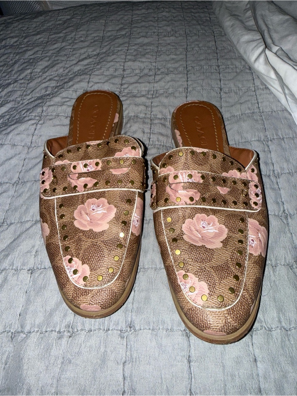 Coach Brown Leather Mules with Pink Floral Embroidery and Gold Studs